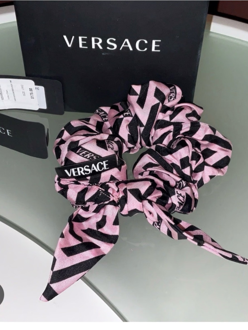 Versace Pink & Black Logo Bow Scrunchie with Tag